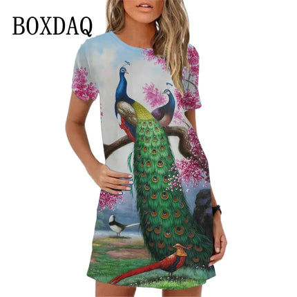 Women 3D Graffiti Cat Peacock Animal Dress