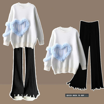 Women Autumn Heart Sweater Knitted 2pc Set