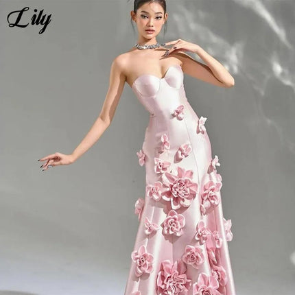 Women Pink Sleeveless 3D Flower Prom Dress