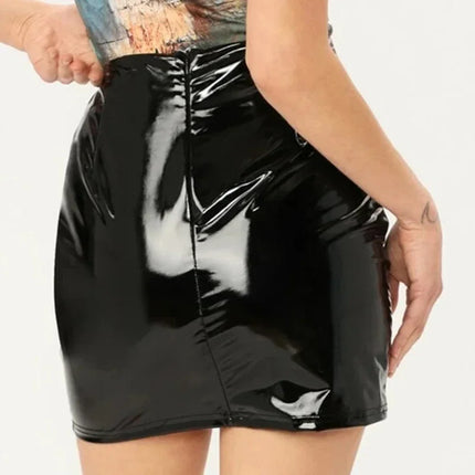 Women Black Leather Latex Mini Office Clubwear Skirt