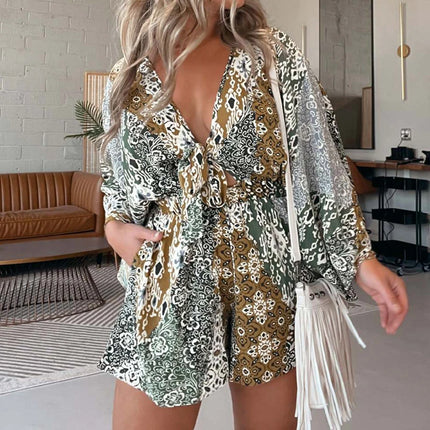 Women Bat Sleeve Patchwork Summer Romper