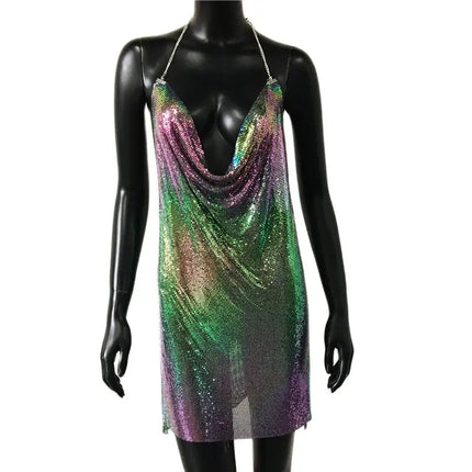 Women Backless Sequin Low Cut Mini Dress.