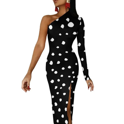 Women Dalmatian Animal Spotted Black Maxi Dress