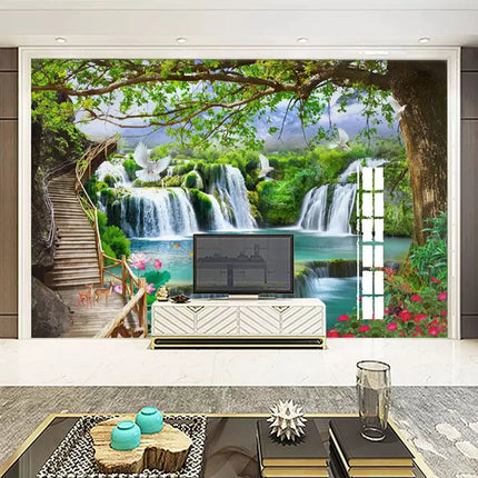 Custom 3D Tree Waterfall Landscape Mural Wallpaper