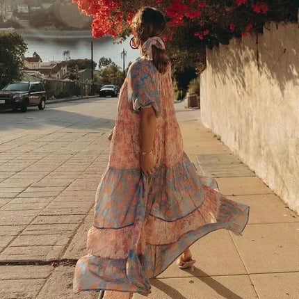 Women Summer Vintage Bohemian Pink Blue Maxi Dress