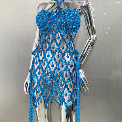 Women Blue Sequin Diamond Tassel Mini Dress