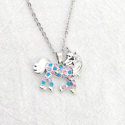 Women Girl Unicorn Animal Crystal Pendant Necklace