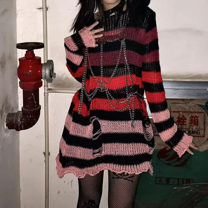 Women Striped Punk Gothic Sweater Tops