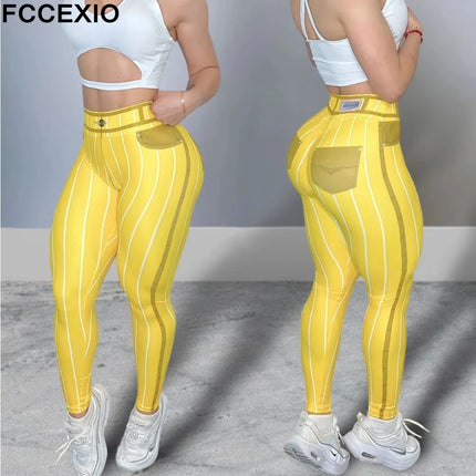 Women Fashion Pink Denim Striped Fitness Leggings