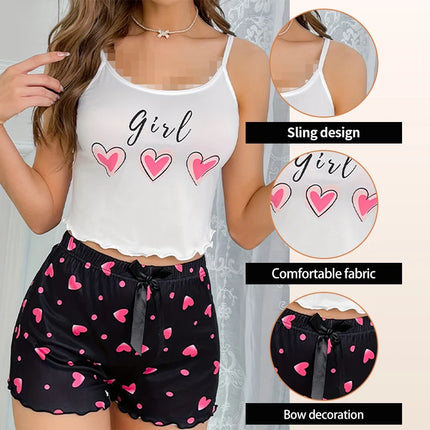 Women 2024 Heart Shaped Girly Pajama Sleepwear Set