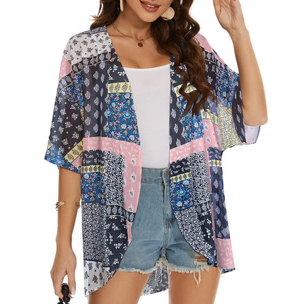 Women Blue Floral Loose Swimwear Coverup Kimono