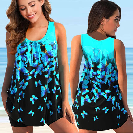 Women Fashion 2024 Solid Blue Floral Plus Tankini Sets