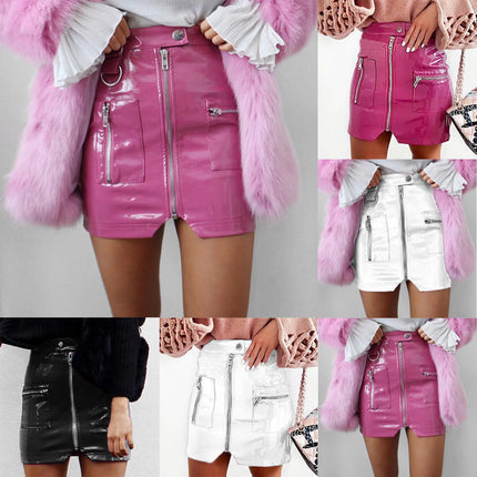 Women Zip Leather Pink Black Mini Skirts