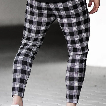 Men Elastic Checkered Plaid Chino Pants