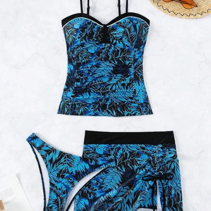 Women Tankini Blue Tie-Dye Beach Skirt 3pc Swimwear Set