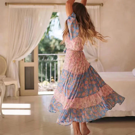 Women Summer Vintage Bohemian Pink Blue Maxi Dress