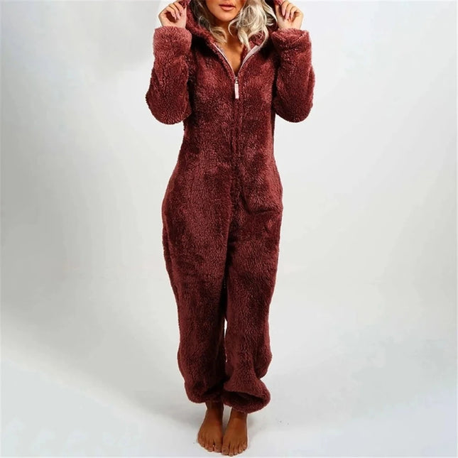 Women Solid Color Hooded Zip Fleece Jumpsuit Sleepwear
