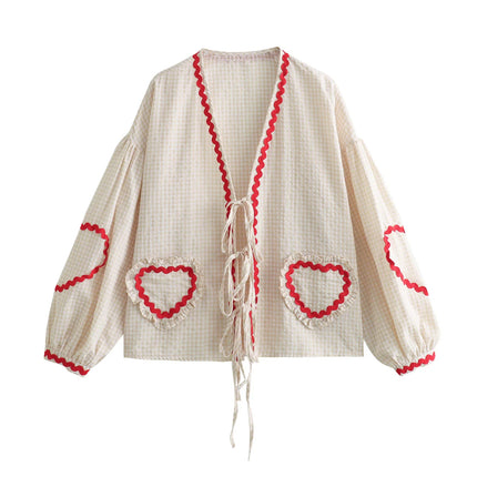 Women Vintage Heart Patchwork Party Blouse