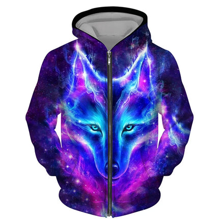 Men 3D Wolf Moon Zip Streetwear Hoodies