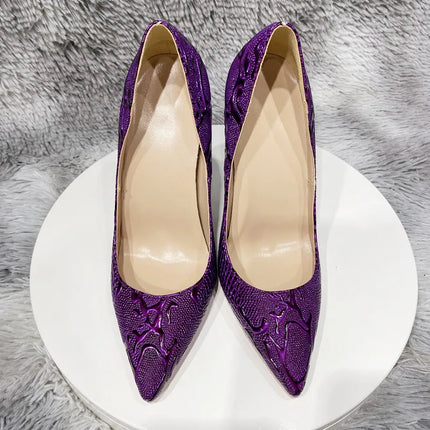 Women Purple Floral Embossed Crocodile Effect High Heels