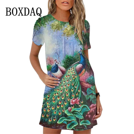 Women 3D Graffiti Cat Peacock Animal Dress