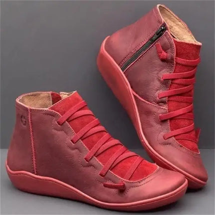 Women Retro Leather Stitch Low Ankle Boots