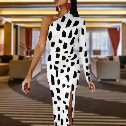 Women Dalmatian Animal Spotted Black Maxi Dress