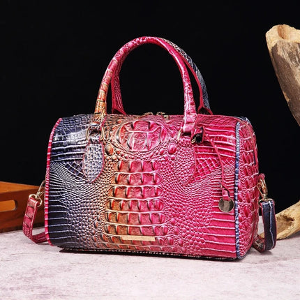 Women Crocodile Embossed Boston Satchel Handbag