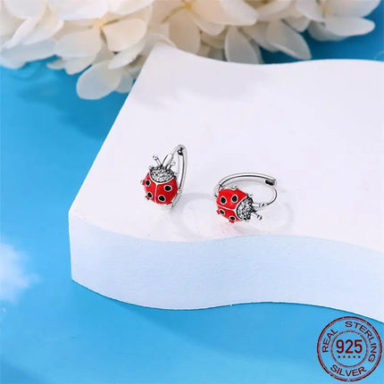 Women 925 Sterling Ladybug Charm Earrings