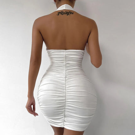 Women Ruffle White Halter Party Mini Dress