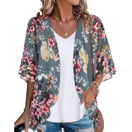 Women Blue Floral Loose Swimwear Coverup Kimono