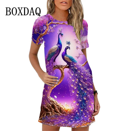 Women 3D Graffiti Cat Peacock Animal Dress