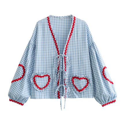 Women Vintage Heart Patchwork Party Blouse