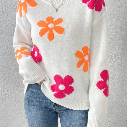 Women Crew Neck Floral Daisy Sweater