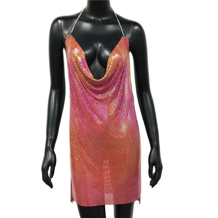 Women Backless Sequin Low Cut Mini Dress.