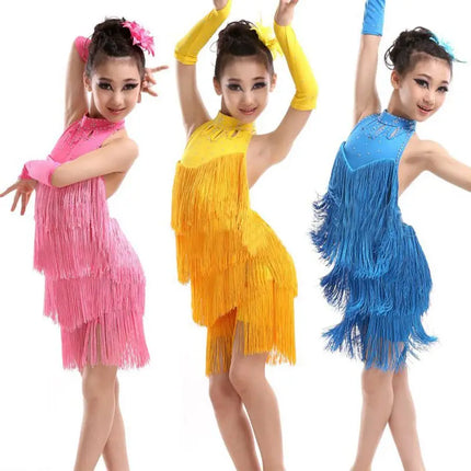 Girl Solid Tassel Latin Salsa Dancing Dress