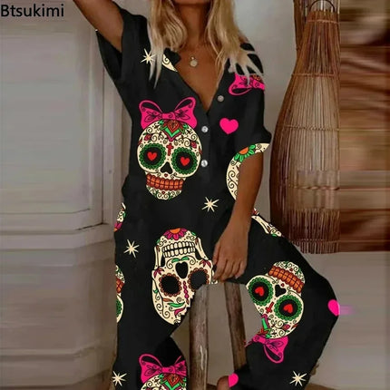 Women Cartoon Skull Casual Overall Romper