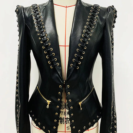 Women Fashion Leather Lace Blazer Jacket