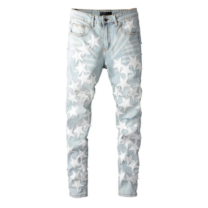 Men Distressed Light Blue Patchwork Stars Denim Jeans