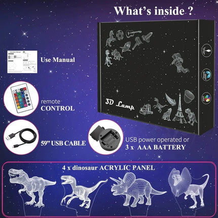 Kids Room 3D T-Rex Dinosaur 4Pattern LED Night Light