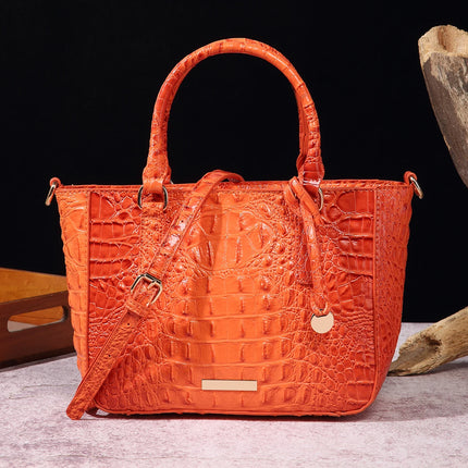 Women Pink Purple Crocodile Embossed Satchel Handbag