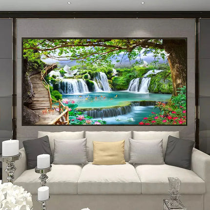 Custom 3D Tree Waterfall Landscape Mural Wallpaper