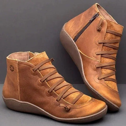 Women Retro Leather Stitch Low Ankle Boots