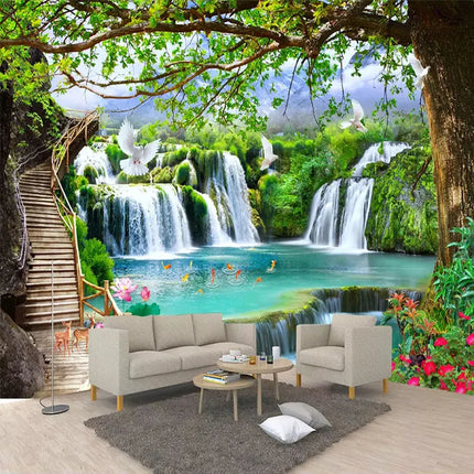 Custom 3D Tree Waterfall Landscape Mural Wallpaper