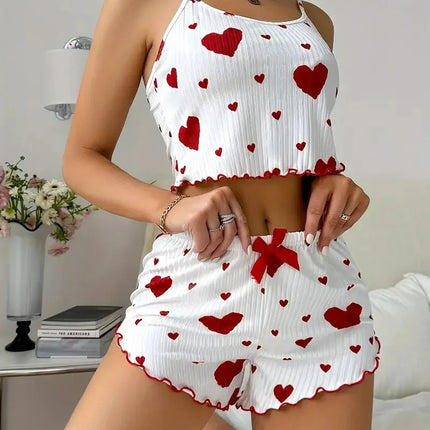 Women Summer Heart Crop Top Pajama Set