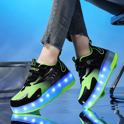 Kids Boys Green Black USB Rechargeable LED Skate Sneakers