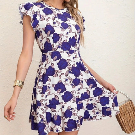 Women Summer Ruffle Blue Red Roses Dress