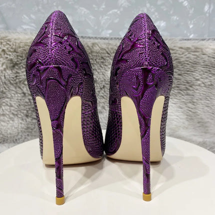 Women Purple Floral Embossed Crocodile Effect High Heels