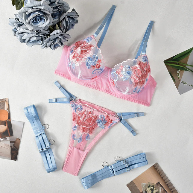 Women Pink Blue Contrast Bra Underwear Lingerie Set