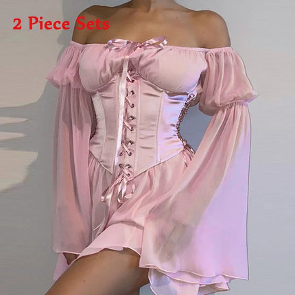 Women Summer 2pc Chiffon Off Shoulder Dress